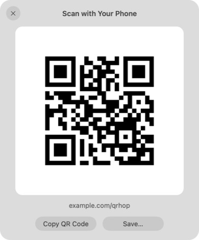 QRHop showing a scannable QR code for clipboard text